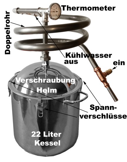 (Bild für) DESTILLIERMEISTER-P22-ECO - 22 Liter Potstill/Whiskydestille aus Edelstahl - zum Schließen ins Bild klicken